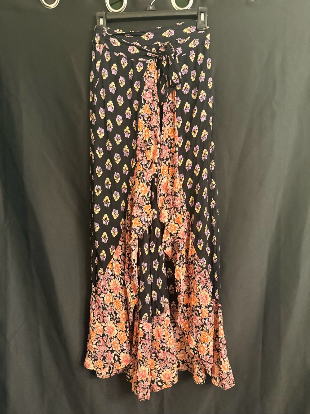 Angie Black Floral Wrap Wide Leg Flowy Pants Size M